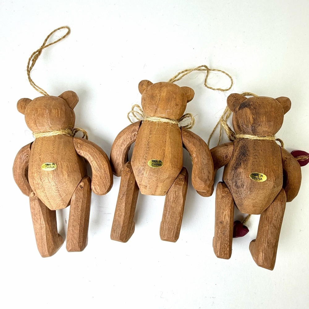 Rustic Wood Teddy Bear Ornaments Set 3 Farmhouse Cottage Decor - Picture 7 of 12